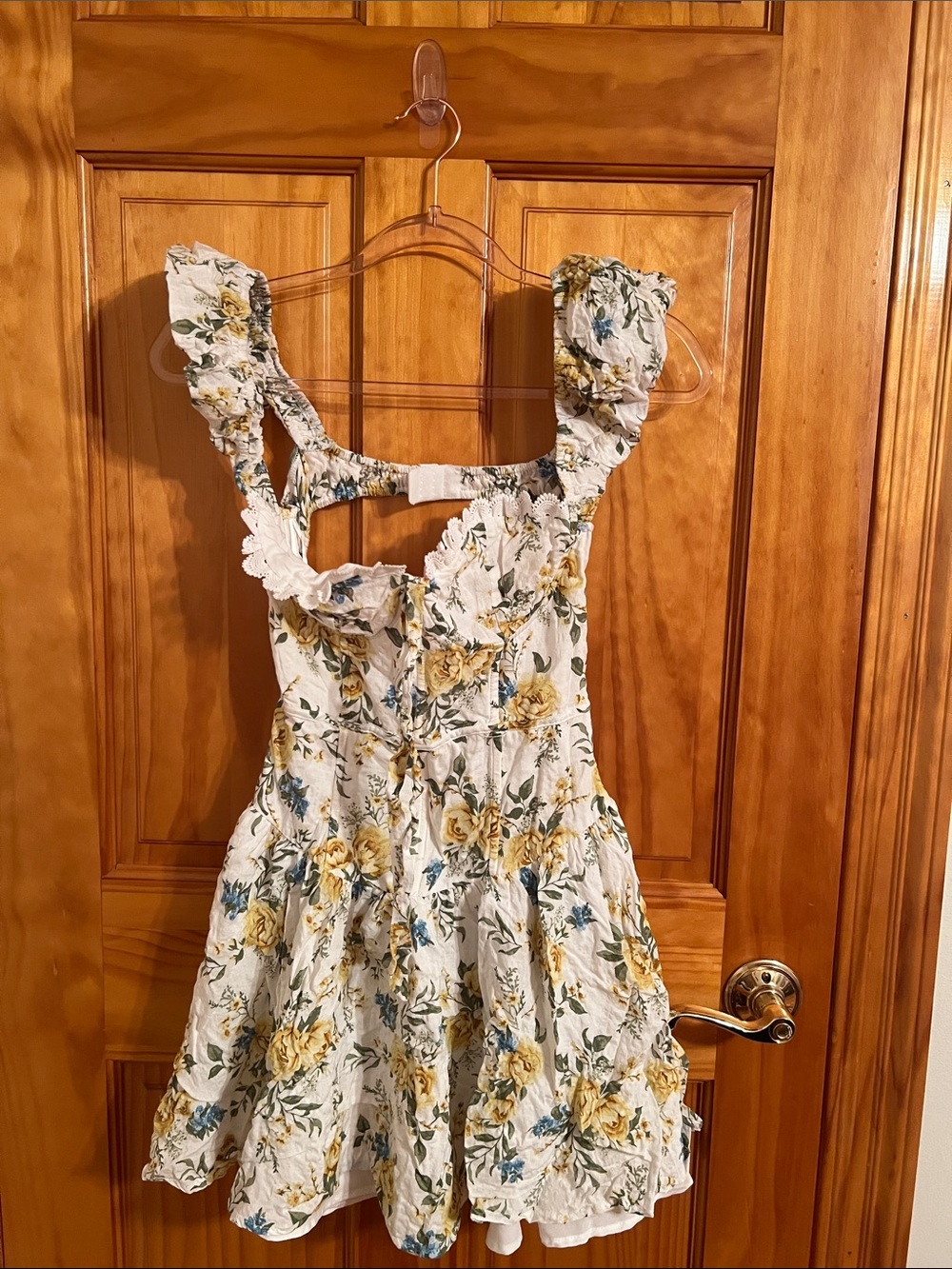 Womens White Floral Sundress with Yellow Rose Print.